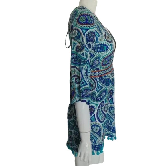 TRINA TURK Swim Cover/Dress, M/L, Low Cut, Open Back, Tassle hem, Blue Paisley - Picture 9 of 14
